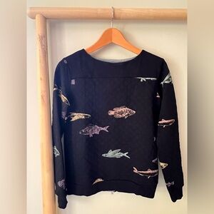 Maison Scotch quilted fish print pullover zipper back sweater sweatshirt black m